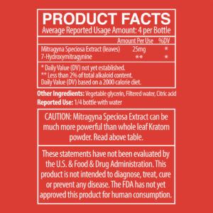 product facts for MIT 45 BOOST Kratom Extract Liquid Shot 52mg 60mL