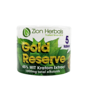front of container of Zion Herbals Gold Reserve Kratom Extract Tablets 45%