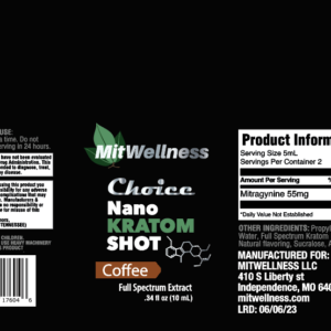 label information for Mit Wellness Choice NANO Coffee Kratom Shot 110mg 10mL