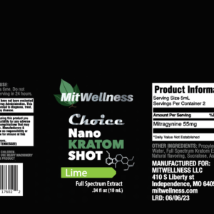 label information for Mit Wellness Choice NANO Lime Kratom Shot 110mg 10mL