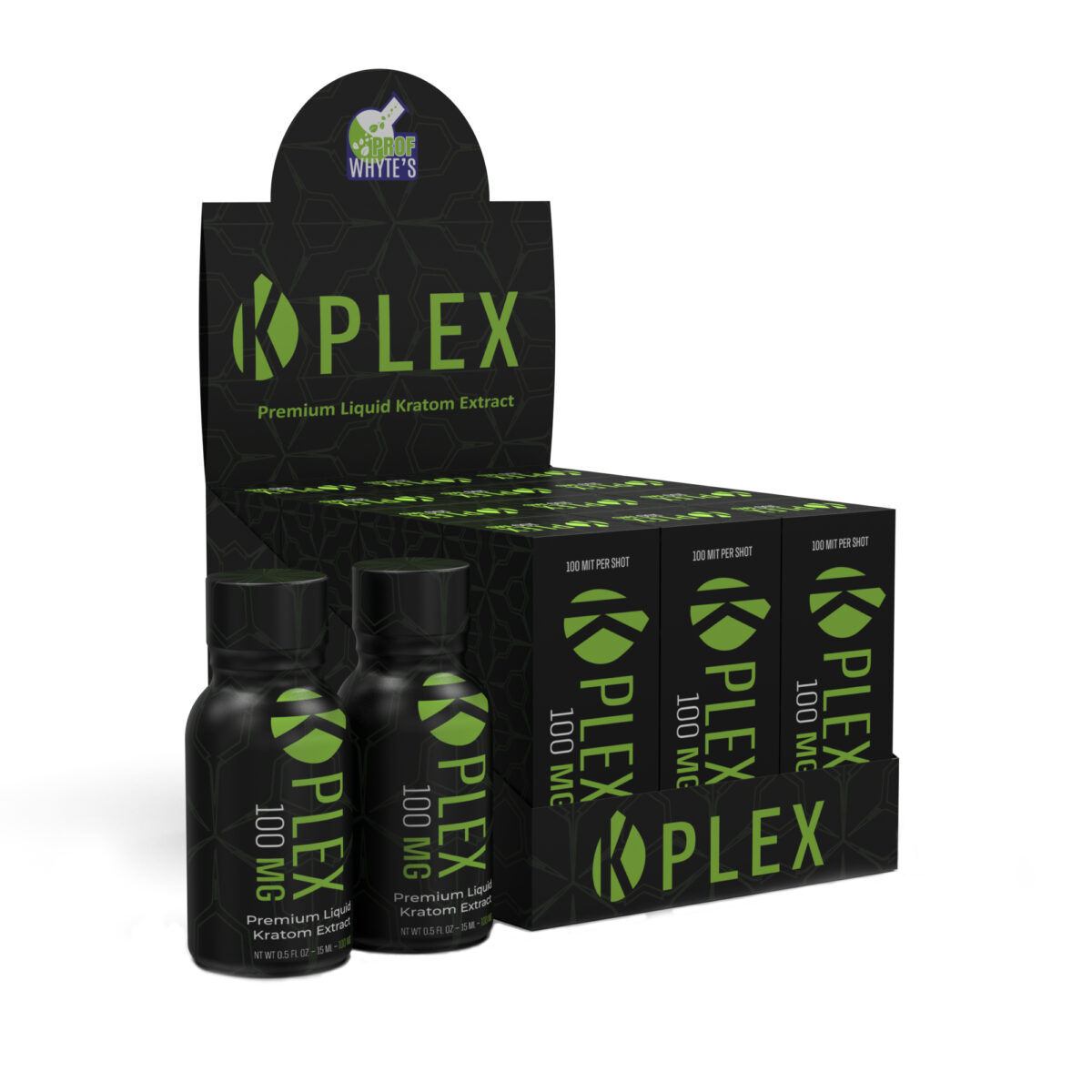 display case and two bottles of Prof Whyte's K plex Kratom Extract Shot 100mg 15mL