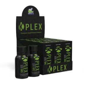 display case and two bottles of Prof Whyte's K plex Kratom Extract Shot 100mg 15mL