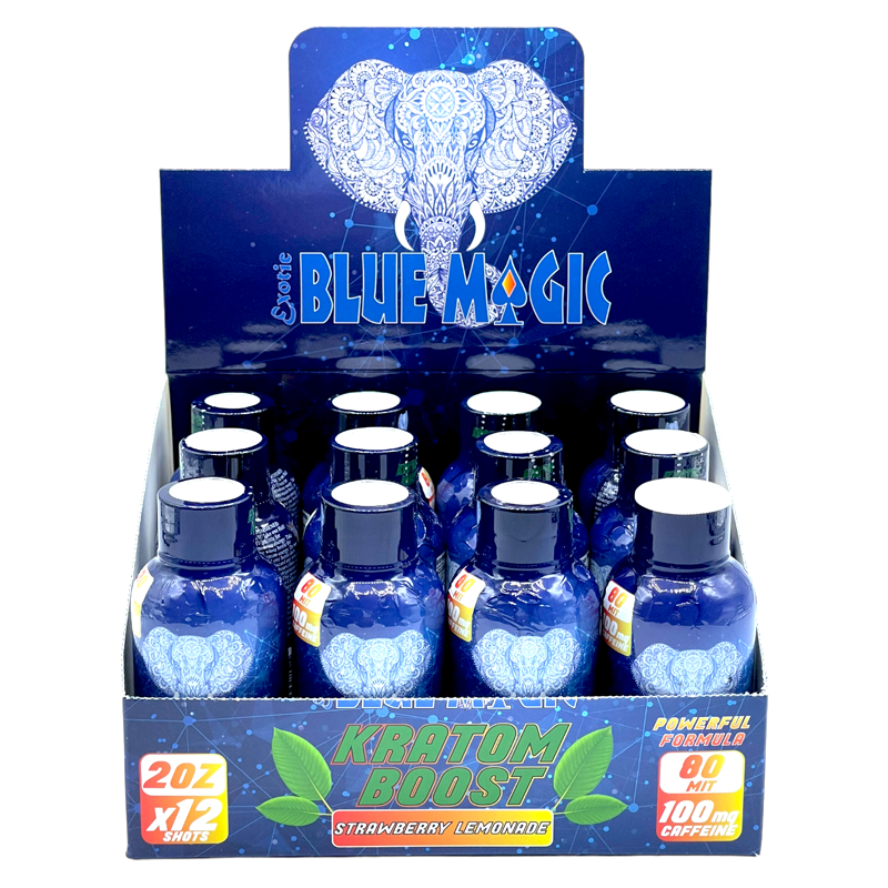 display case of Blue Magic Kratom Boost Strawberry Lemonade 80mg 59mL
