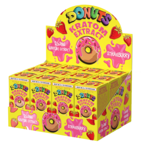 bunch of boxes of Donuts Gold Strawberry Kratom Shot, 250mg 30mL
