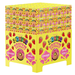 bunch of boxes of Donuts Gold Strawberry Kratom Shot, 250mg 30mL