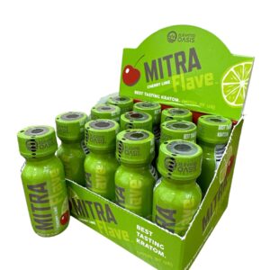 display case of Mitra Flave Kratom Shot Cherry Lime 150mg 15mL