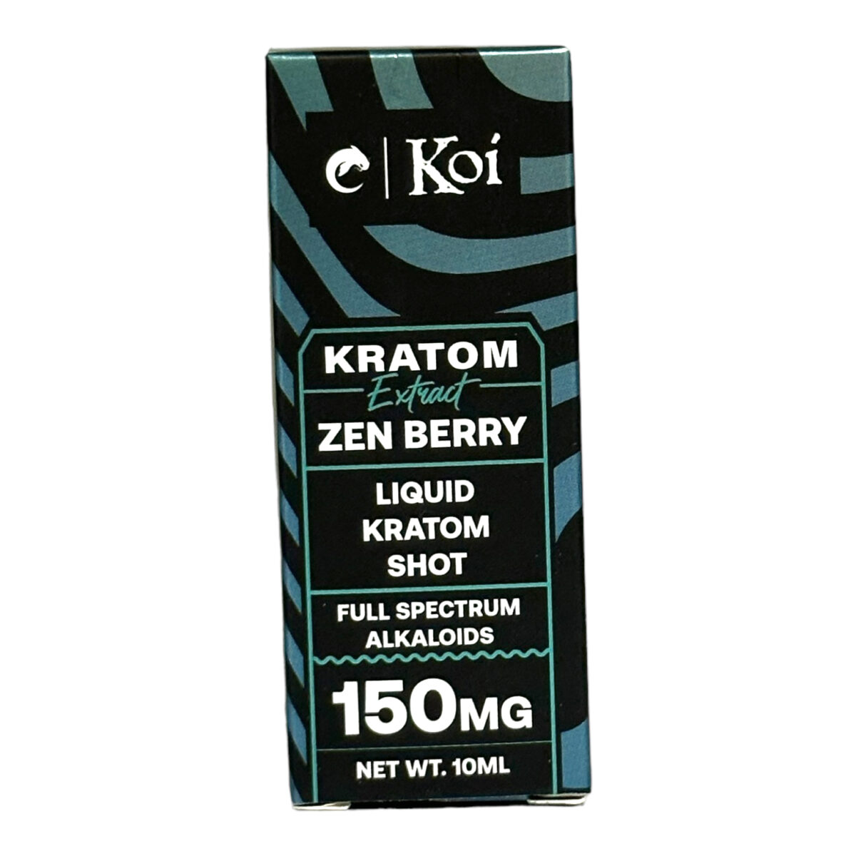 front of box of Koi Kratom Extract Shot Zen Berry 150mg 10mL