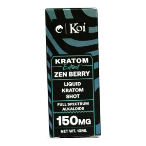 front of box of Koi Kratom Extract Shot Zen Berry 150mg 10mL