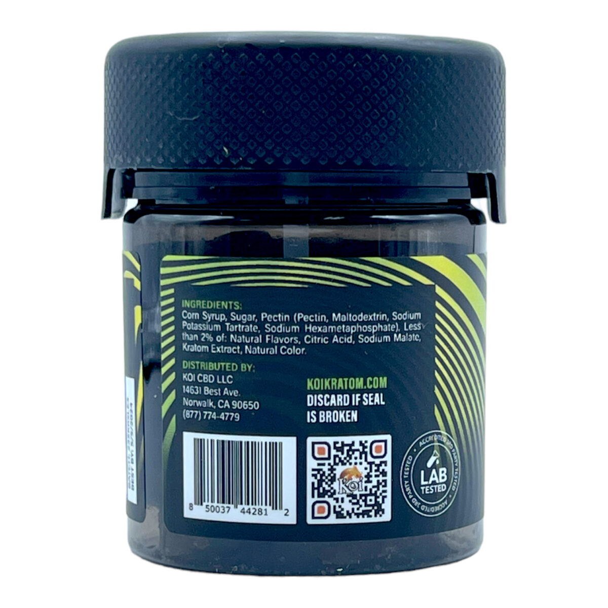 side of container of Koi Kratom Sour Lemon Gummies - 500mg
