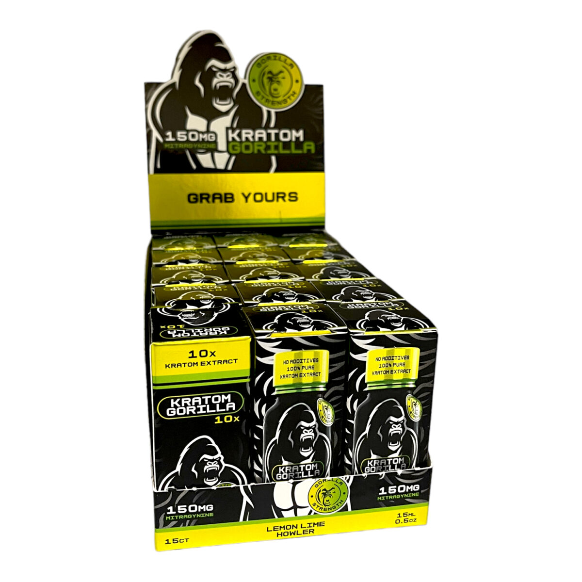 display case of Gorilla Kratom 10X Lemon Lime Kratom Shot 150mg 15mL