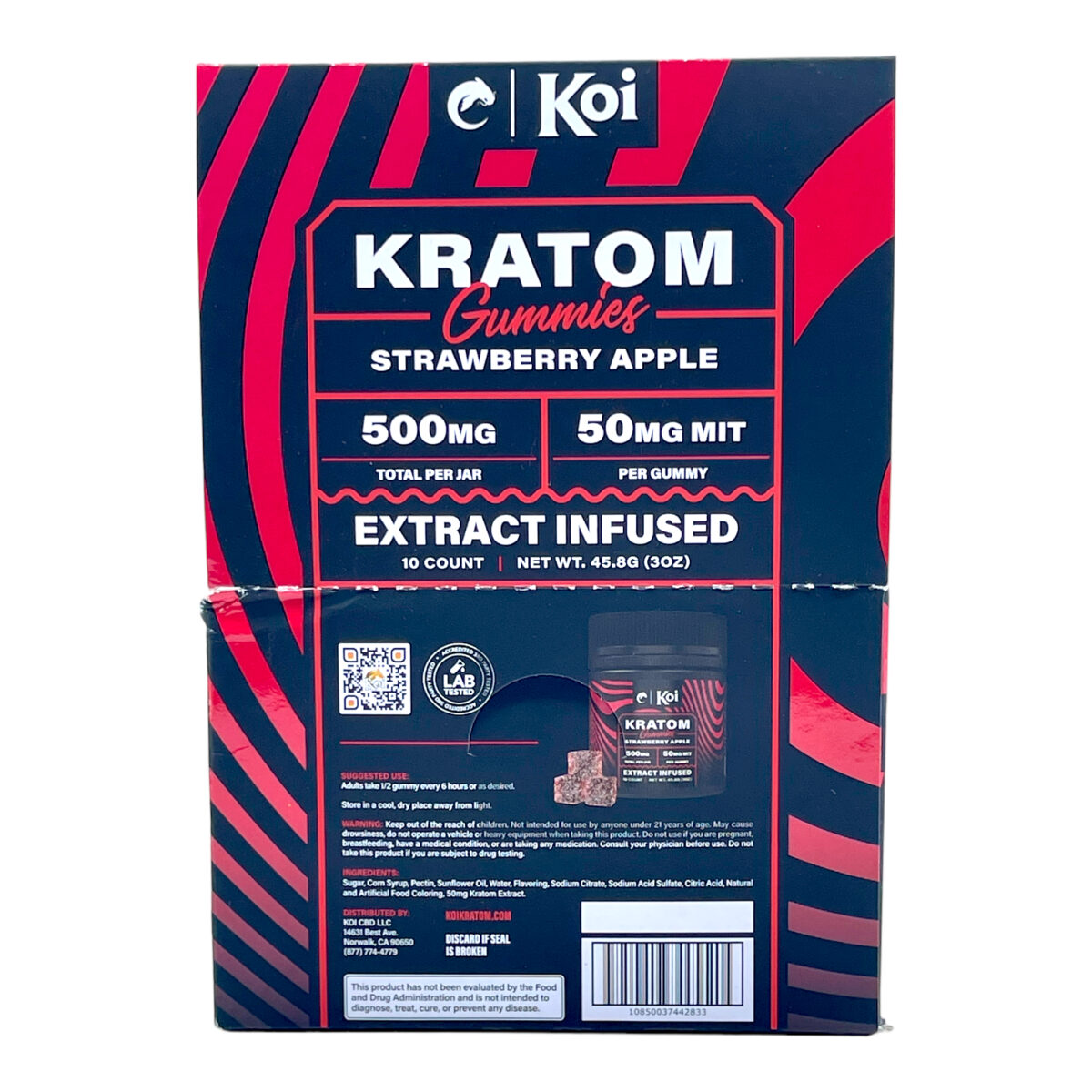 back of box of Koi Kratom Strawberry Apple Gummies - 500mg