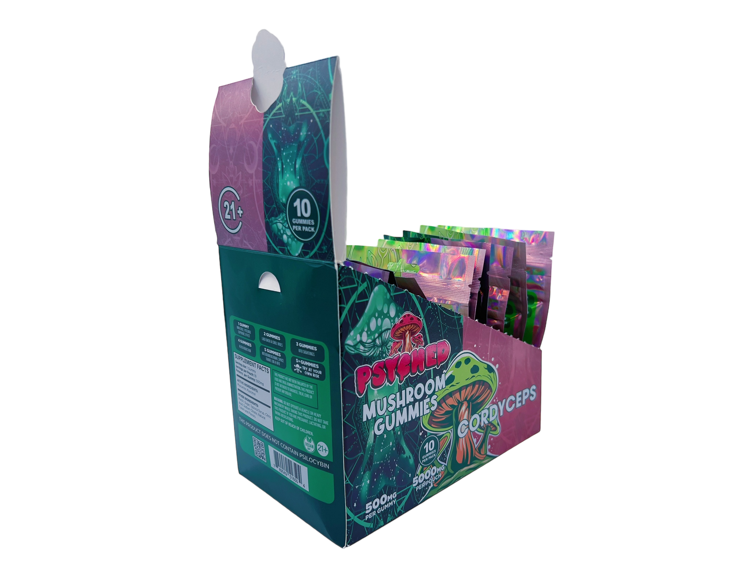 back of display box of Psyched Cordyceps Mushroom Gummies - 500mg