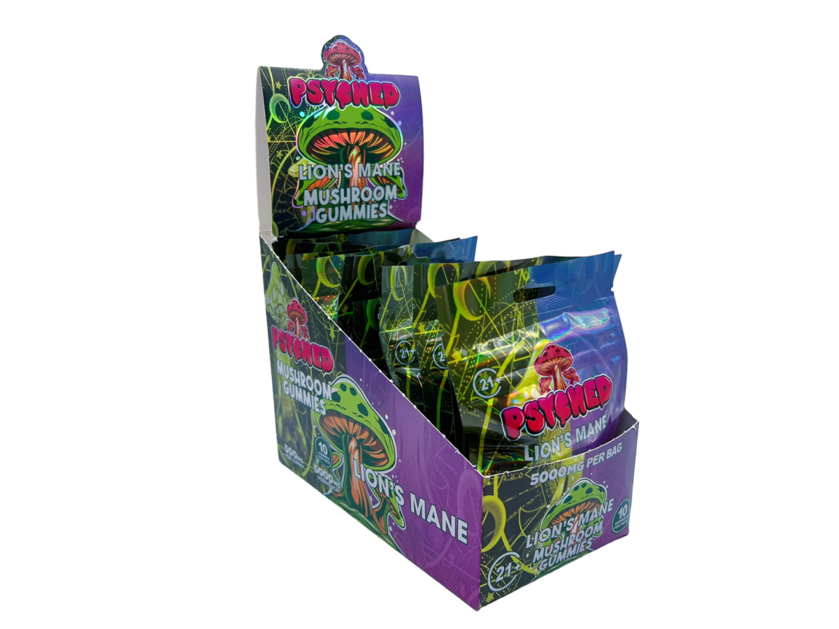 front of display box of Psyched Lion's Mane Mushroom Gummies - 500mg