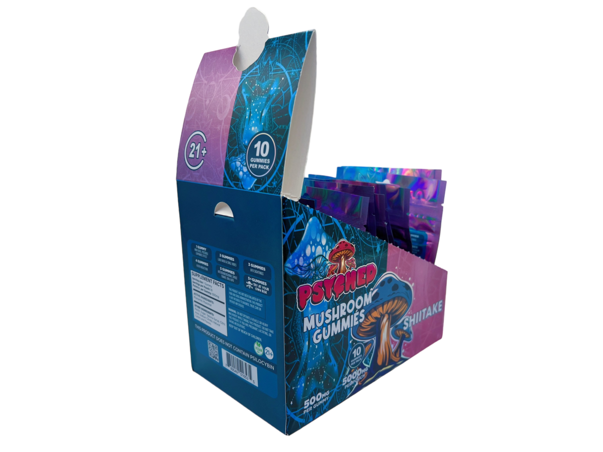 back of display box of Psyched Shiitake Mushroom Gummies - 500mg