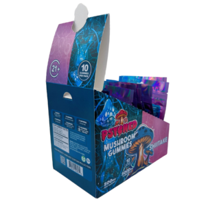 back of display box of Psyched Shiitake Mushroom Gummies - 500mg