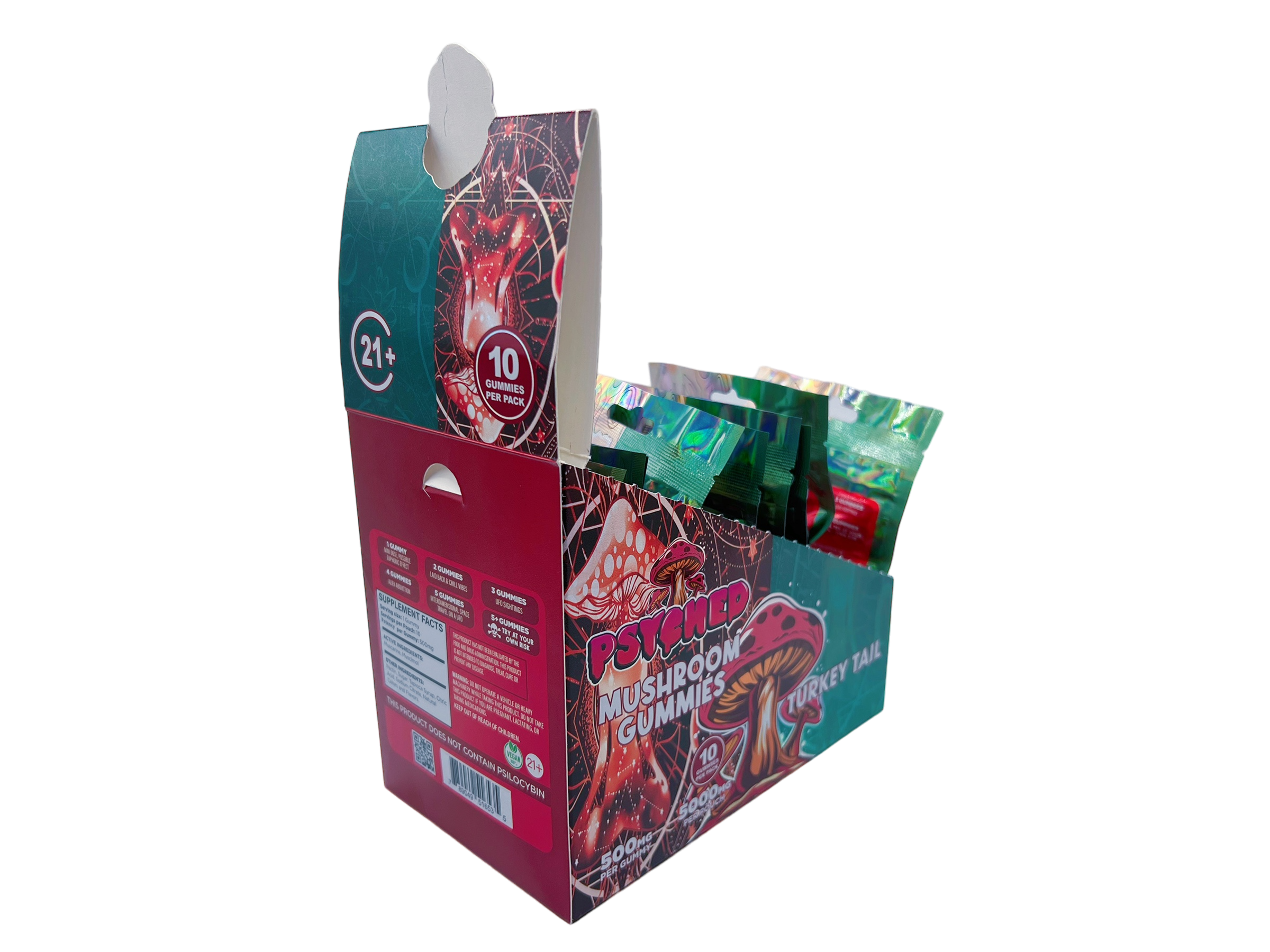 back of display box on Psyched Turkey Tail Mushroom Gummies - 500mg