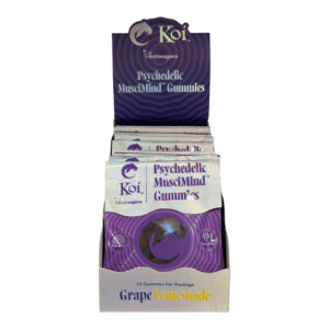 front of display case of Koi Mushroom Grape Lemonade Psychedelic Muscimind Gummies