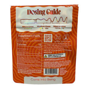 back of bag of Koi Mushroom Peach Razz Psychedelic Muscimind Gummies