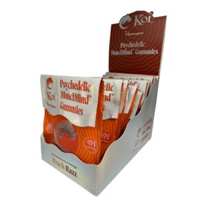 display case of Koi Mushroom Peach Razz Psychedelic Muscimind Gummies