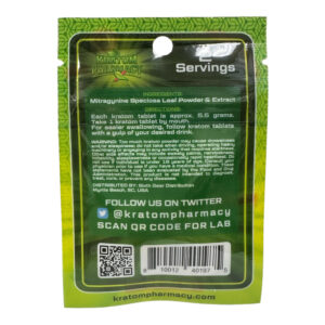 back of package of Kratom Pharmacy Green Maeng Da Tab - 2ct
