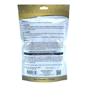back of bag of Monarch Bali Gold Kratom Powder 226g