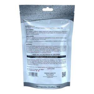 back of bag of Monarch White Elephant Kratom Capsules 150ct