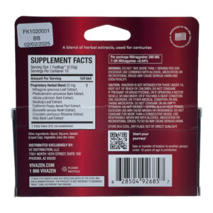 back of box of VIVAZEN FastKaps Kratom Extract Gel Caps