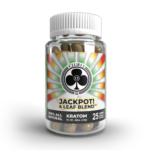 single bottle of Club 13 Jackpot Blend Kratom Capsules