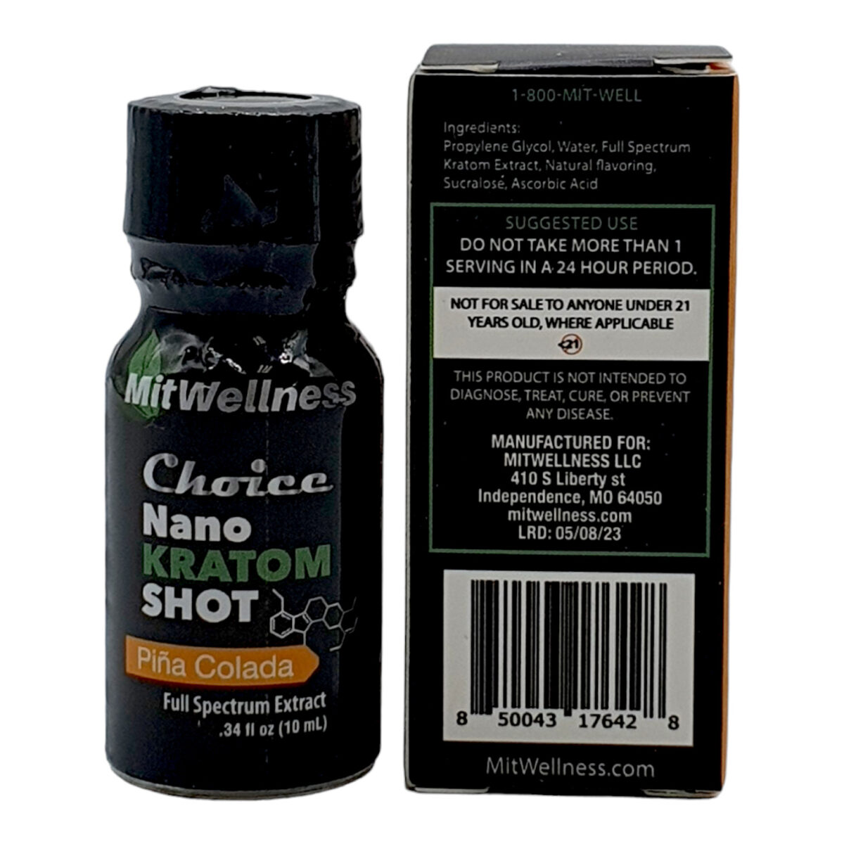 bottle and box of Mit Wellness Choice NANO Pina Colada Kratom Shot – 10ml
