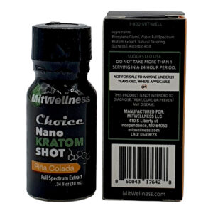 bottle and box of Mit Wellness Choice NANO Pina Colada Kratom Shot – 10ml