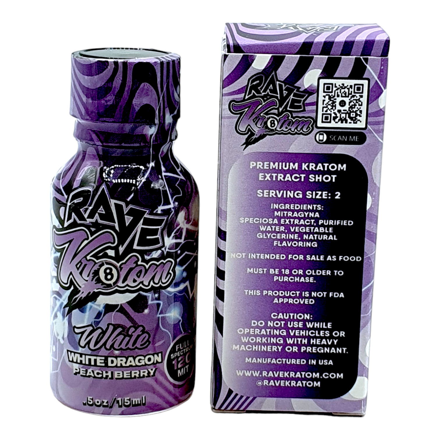 box and bottle of Rave White Dragon Kratom Shot EXCLUSIVE DEAL