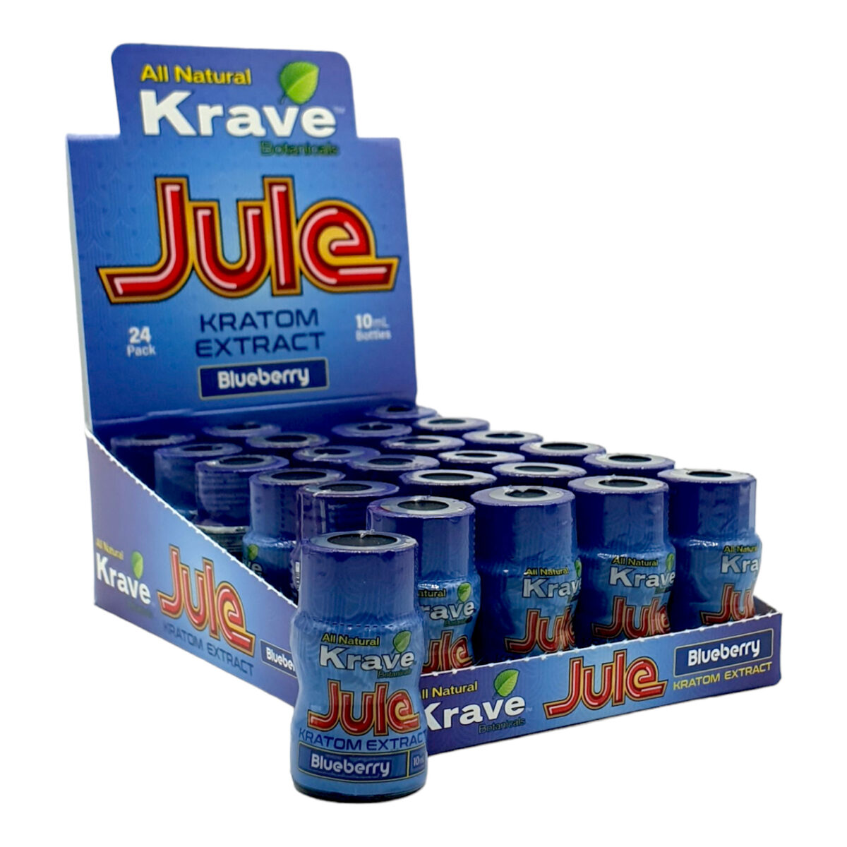 display case of Krave Jule Kratom Extract Shot Blueberry 100mg 10mL