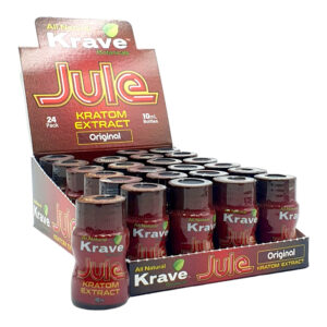 display case of Krave Jule Kratom Extract Shot Original 100mg 10mL