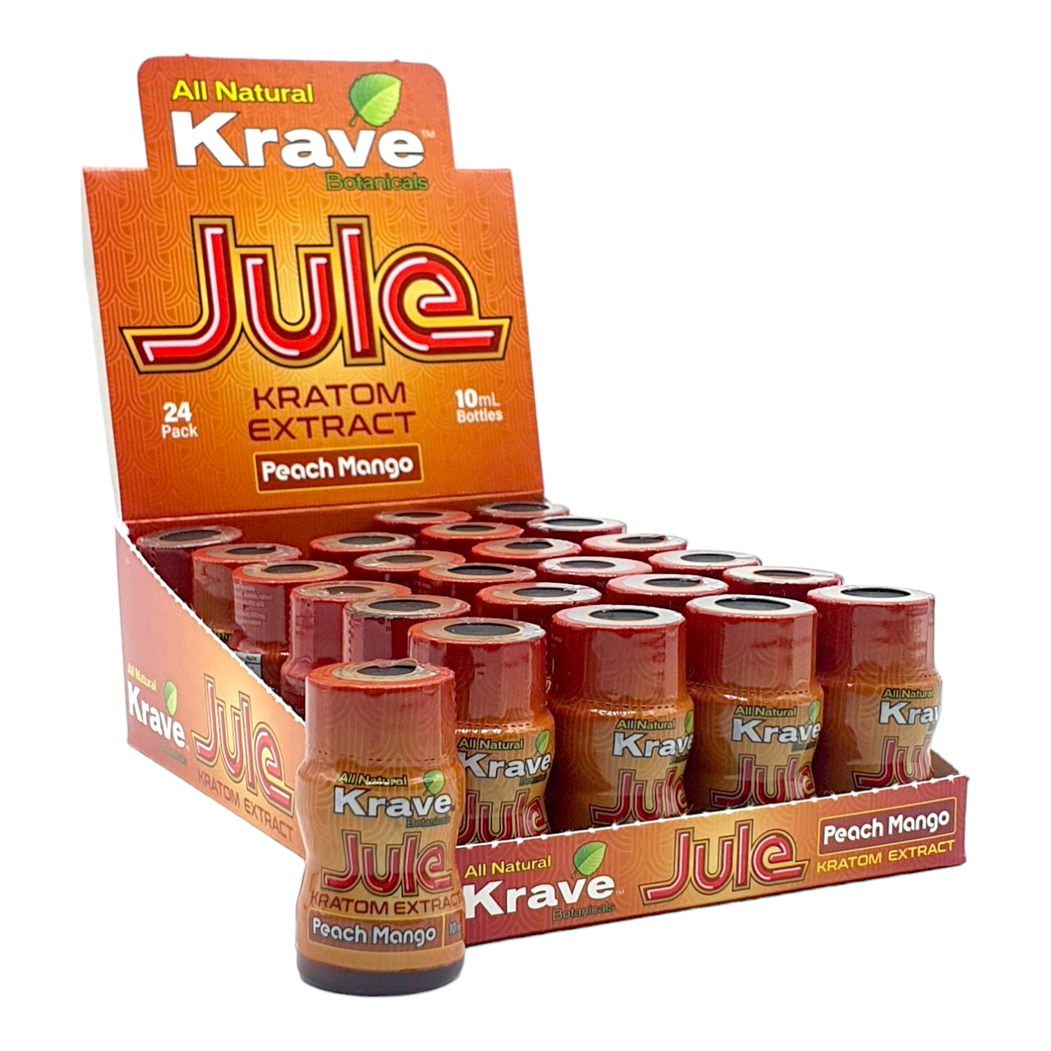 display case of Krave Jule Kratom Extract Shot Peach Mango 100mg 10mL