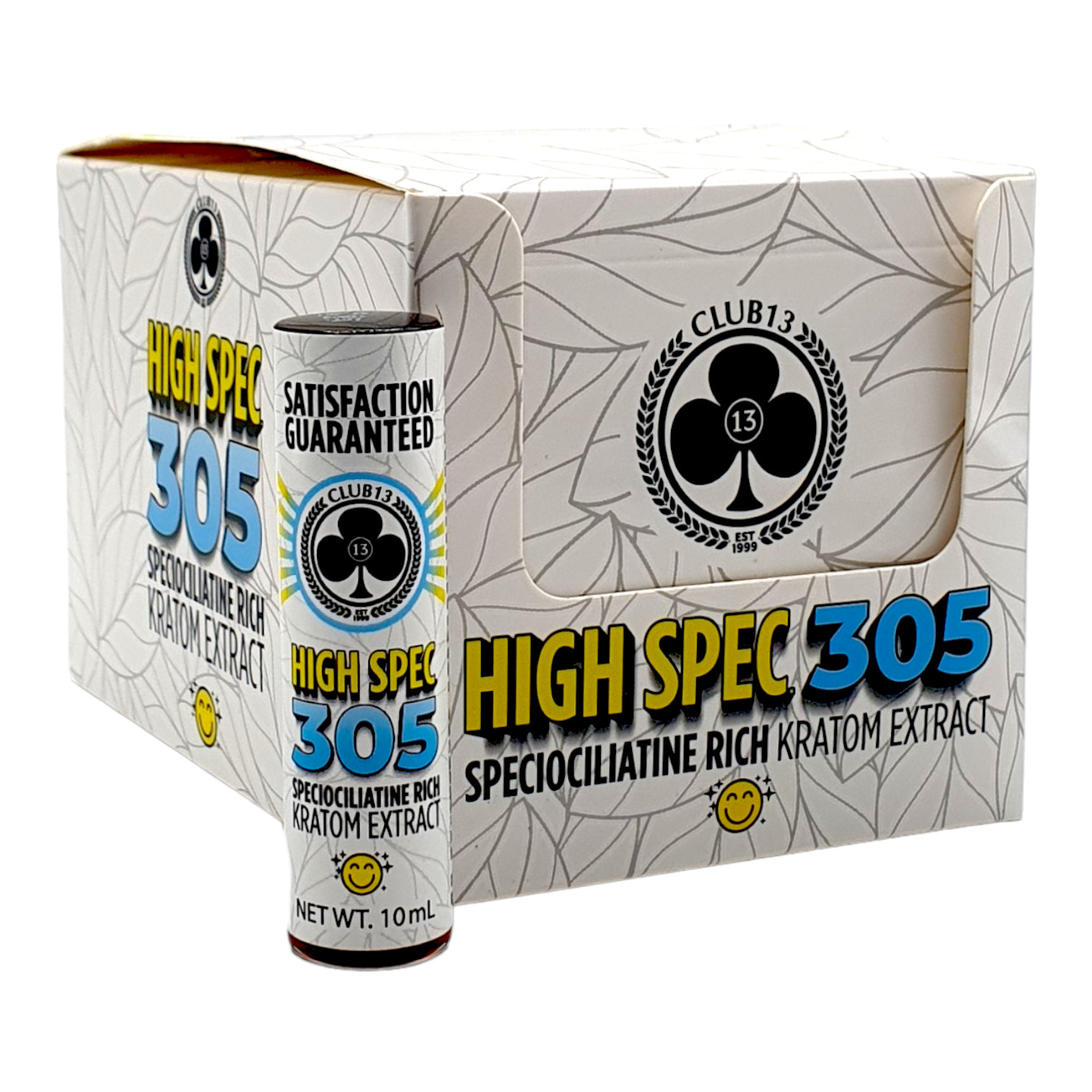 display case and bottle of Club 13 High Spec 305 Kratom Extract 305mg