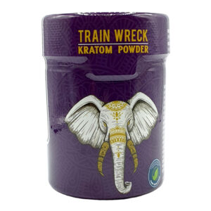 front of container of Tusk Train Wreck Kratom Powder