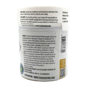 back of container of Tusk White Vein Maeng Da Kratom Powder
