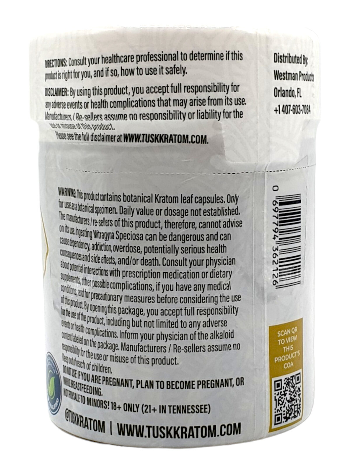 back of can of Tusk White Vein Maeng Da Kratom Capsules