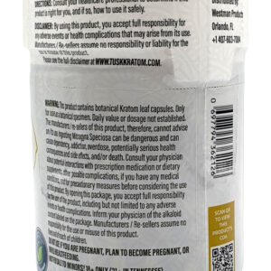 back of can of Tusk White Vein Maeng Da Kratom Capsules