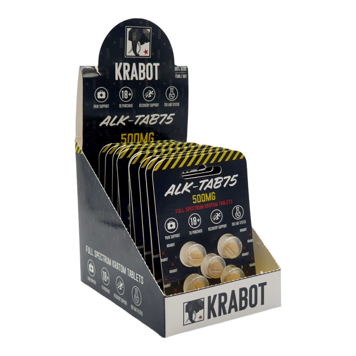 display case of Krabot Alk-Tab75 Kratom Tab 500mg 5ct