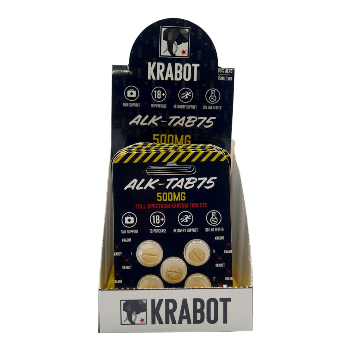 front of display case of Krabot Alk-Tab75 Kratom Tab 500mg 5ct