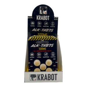 front of display case of Krabot Alk-Tab75 Kratom Tab 500mg 5ct