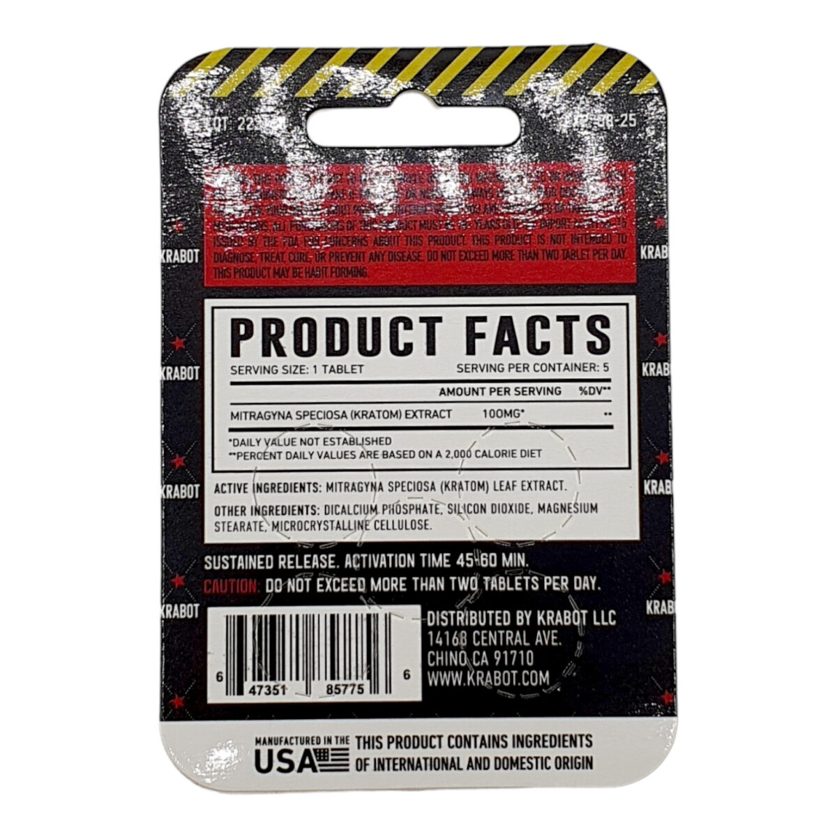 back of package of Krabot Alk-Tab75 Kratom Tab 500mg 5ct