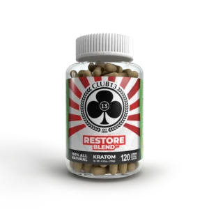 front of bottle of Club 13 Restore Blend Kratom Capsules
