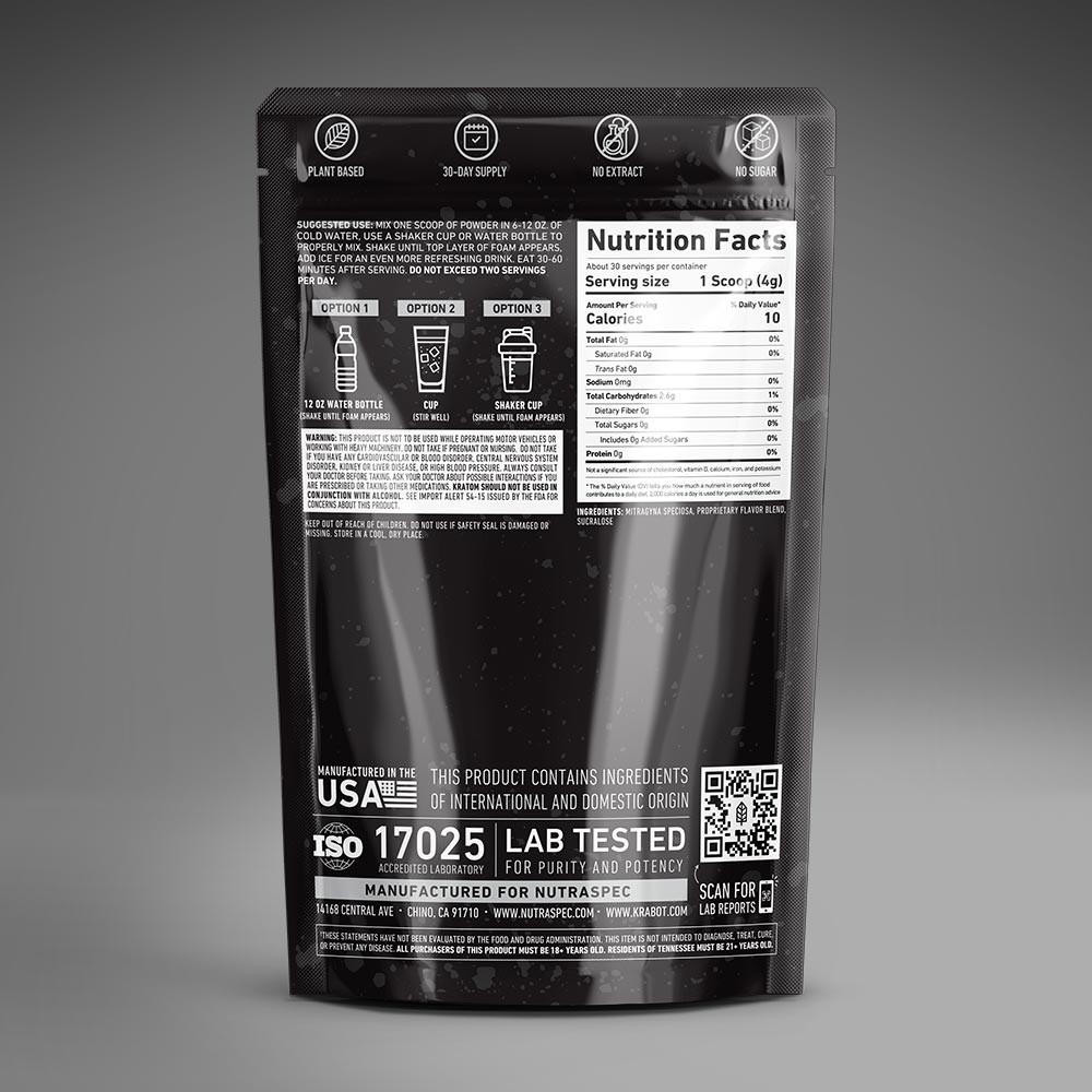 back of bag of Krabot Cherry Ice White Maeng Da Powder 240g