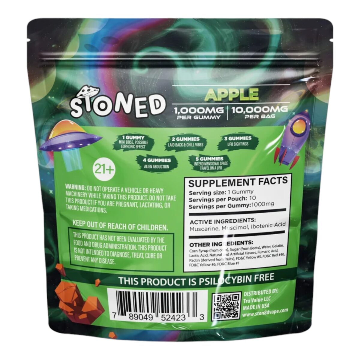 back of bag of Stoned Apple Mushroom Gummies