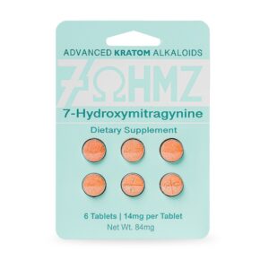 front of package of 7OHMZ Kratom Tablets