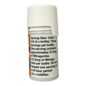 side of bottle of Donuts Kratom Extract Gold Shot Mango 250mg MIT 30mL