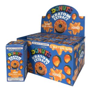 front of display box of Donuts Kratom Extract Gold Shot Mango 250mg MIT 30mL
