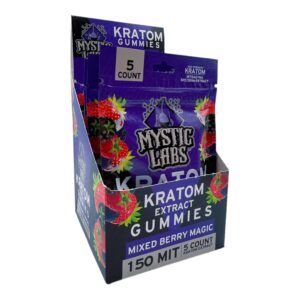 display box of Mystic Labs Kratom Gummies Mixed Berry Magic 150mg MIT 5ct